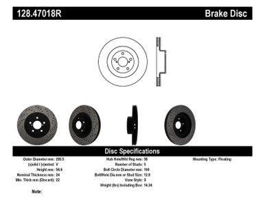 StopTech 02-10 WRX Drilled Right Front Rotor - 128.47018R