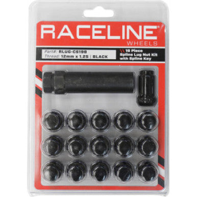 Raceline Spline Lug Nut Kit with Spline Key 12 x 1.25 - 16 Pack - Black - RLUG-CS19B
