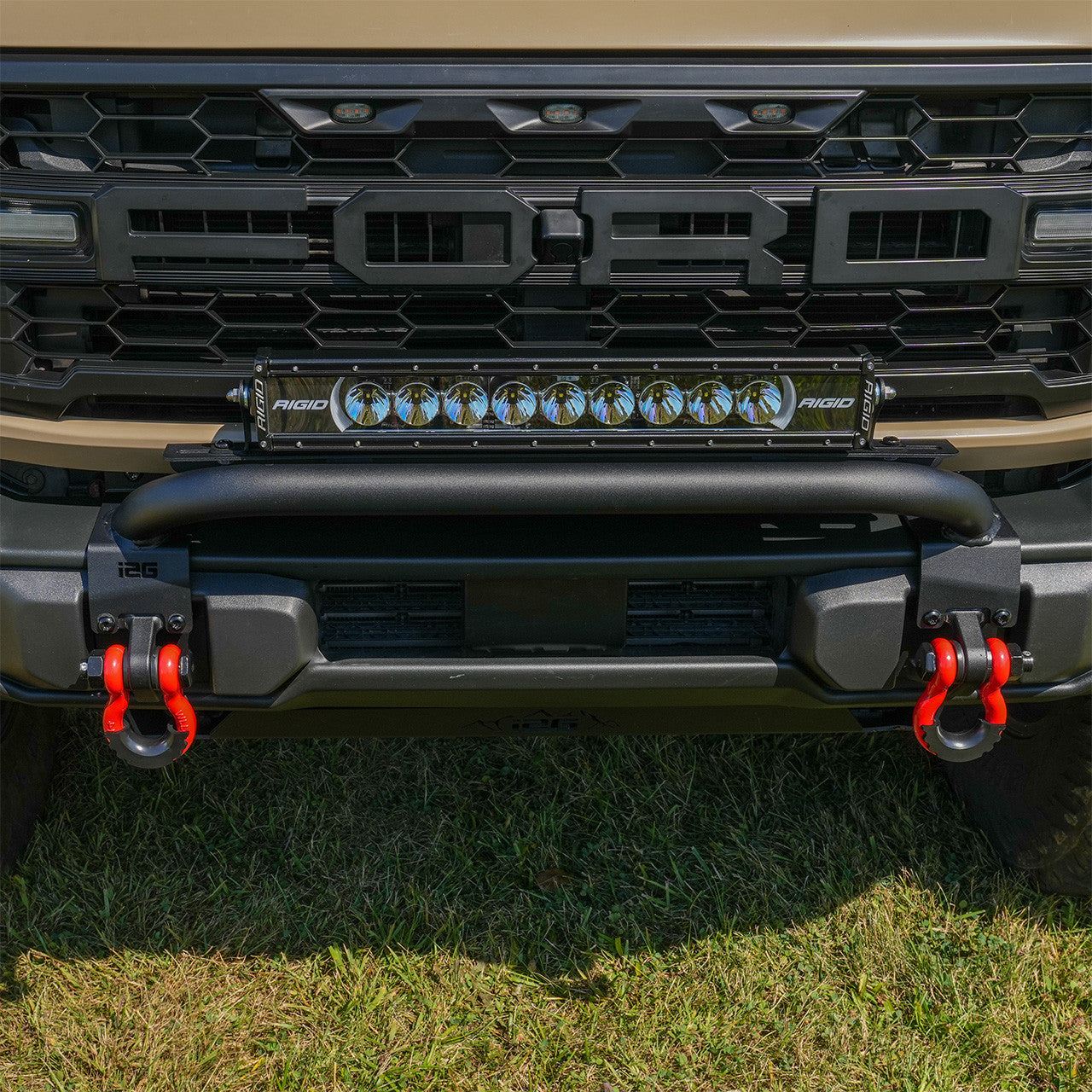 IAG I-Line Front and Rear U Shape Hook Anti Drop Red 21+ Ford Bronco - Installed Straight On