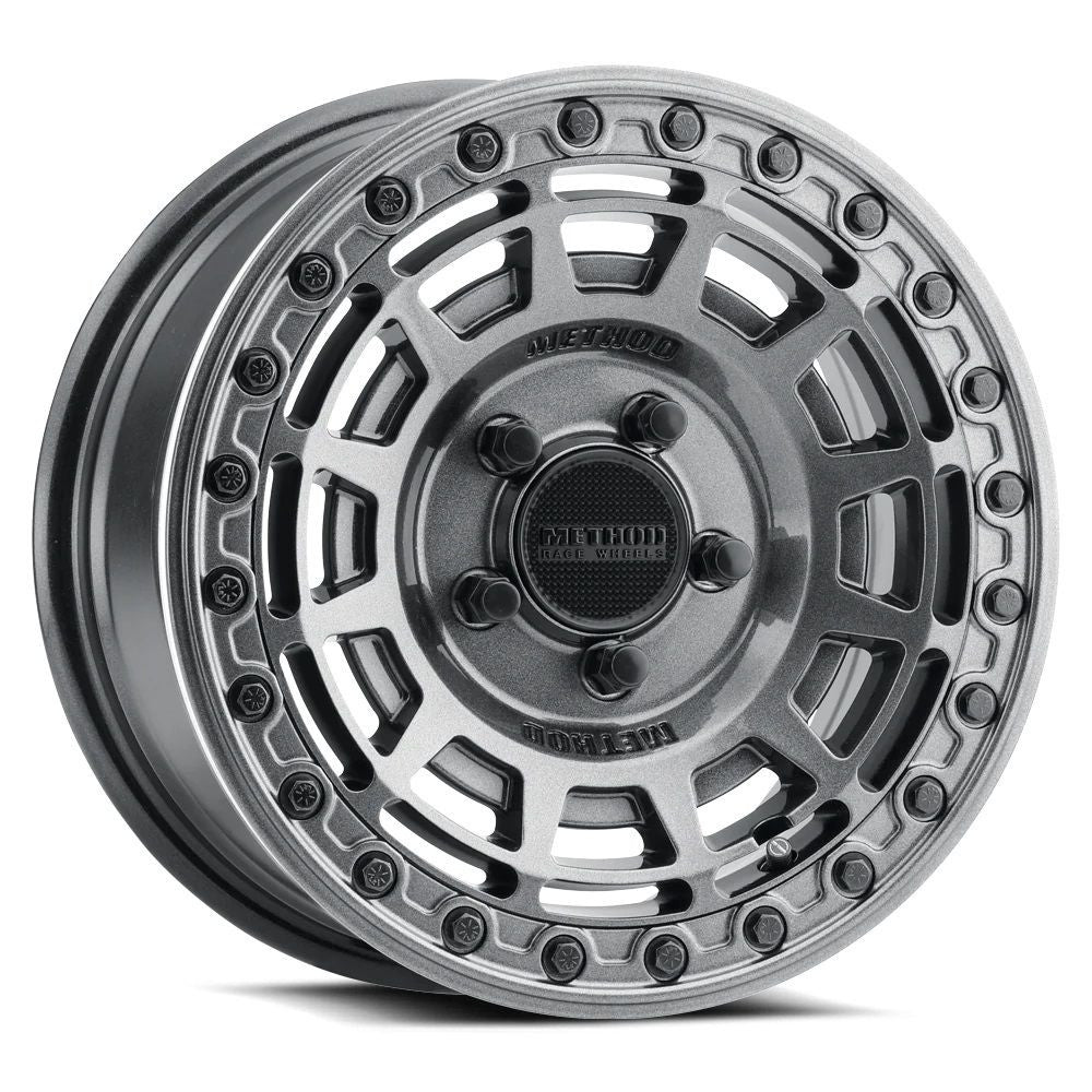 Method MR415 Beadlock 15x7 / 5+2/38mm Offset / 5x4.5 / 76 CB Graphite Wheel - Gloss Graphite Ring - MR415570121252B