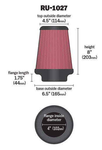 K&N Universal Clamp-On Air Filter 4in FLG / 6-1/2in B / 4-1/2in T / 8in H - RU-1027