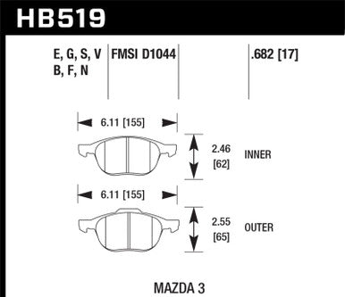 Hawk HPS 08-09 Mazda 3 / Ford/ Volvo HPS Street Front Brake Pads - HB519F.682