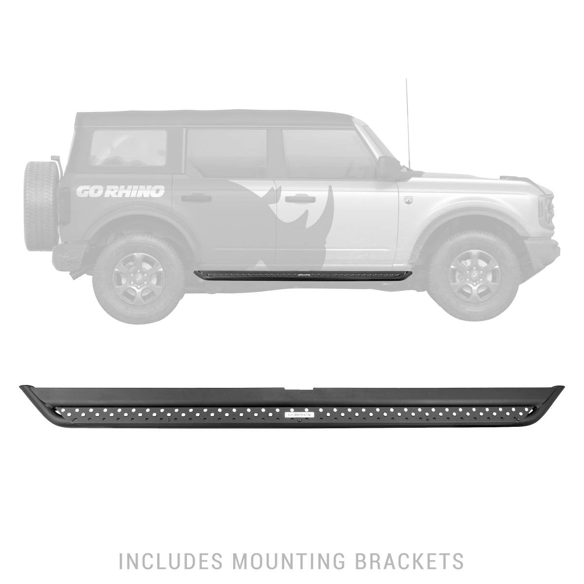 Go Rhino 2021+ Ford Bronco (No Sport) Dominator Extreme DSS SideSteps Complete Kit w/SideStep + Brkt - DSS4129T - Side View, installed