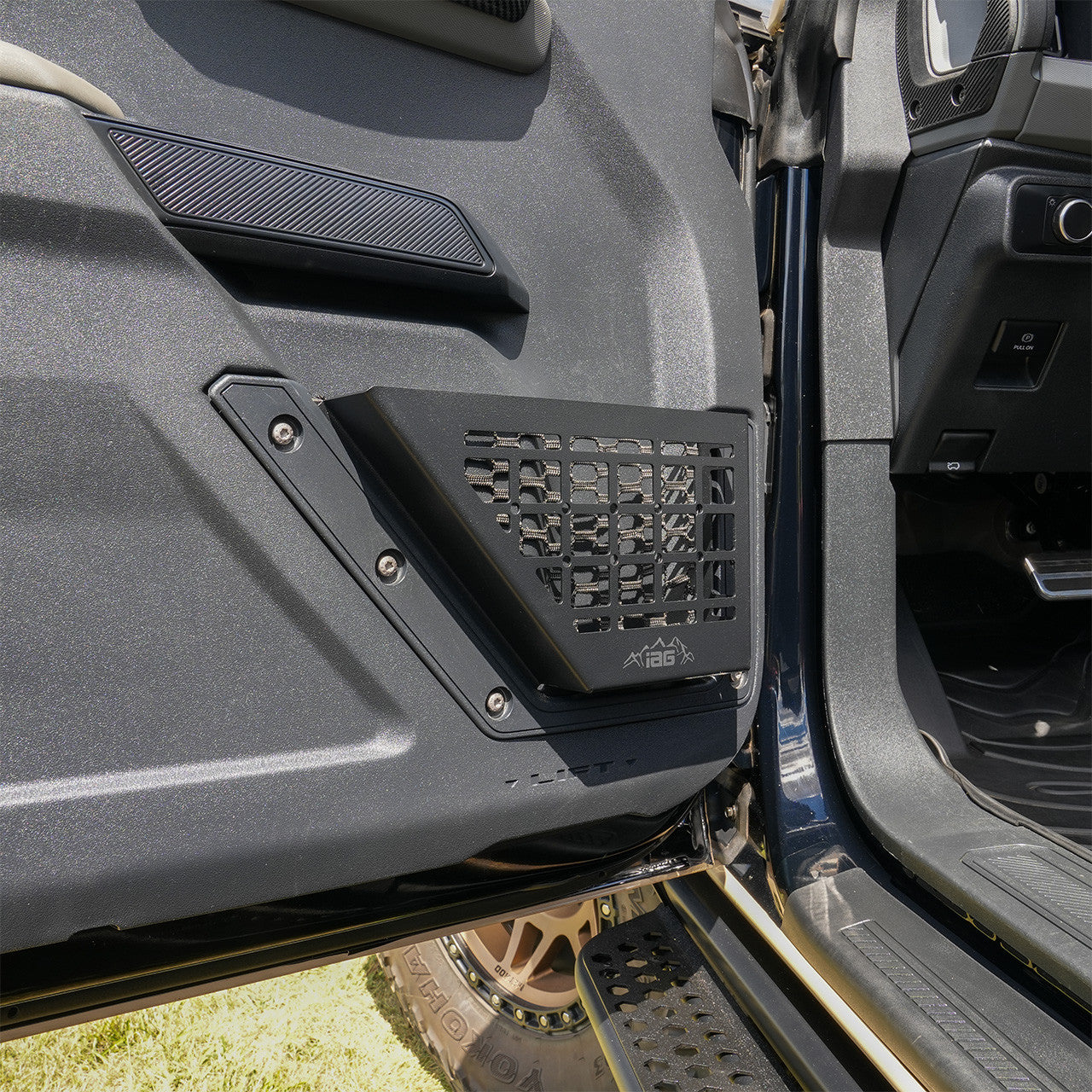 IAG Front Door Bin Black Steel Molle 2021+ Ford Bronco - Installed Drivers Side