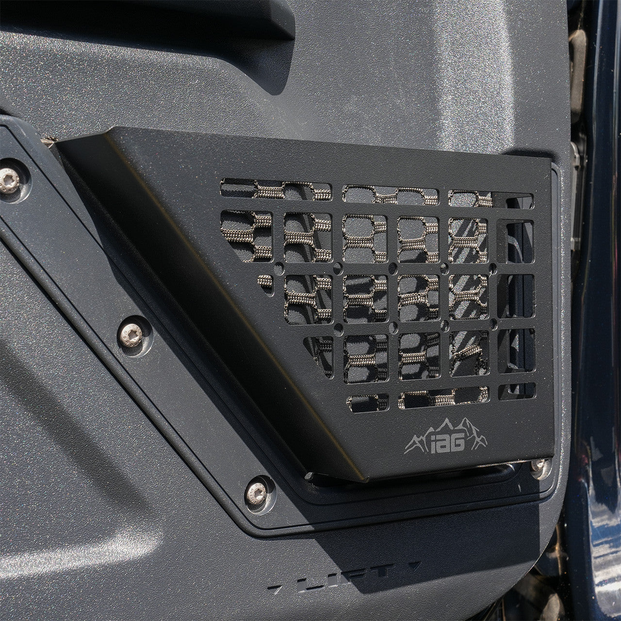 IAG Front Door Bin Black Steel Molle 2021+ Ford Bronco - Drivers Side Installed