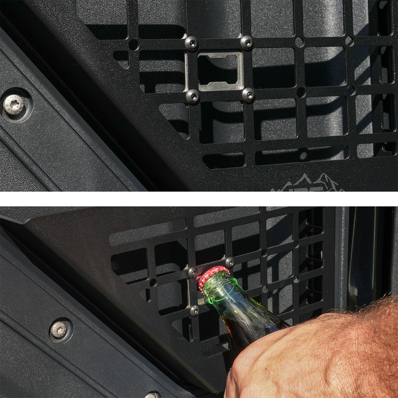 IAG Stainless Steel MOLLE Panel Bottle Opener - In Use