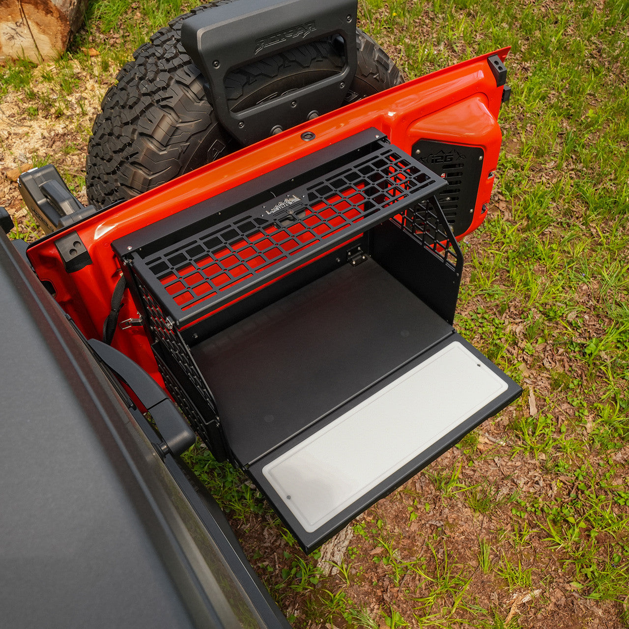 IAG Multilevel Tailgate Table with Cutting Board for 2021+ Ford Bronco - Installed and Open