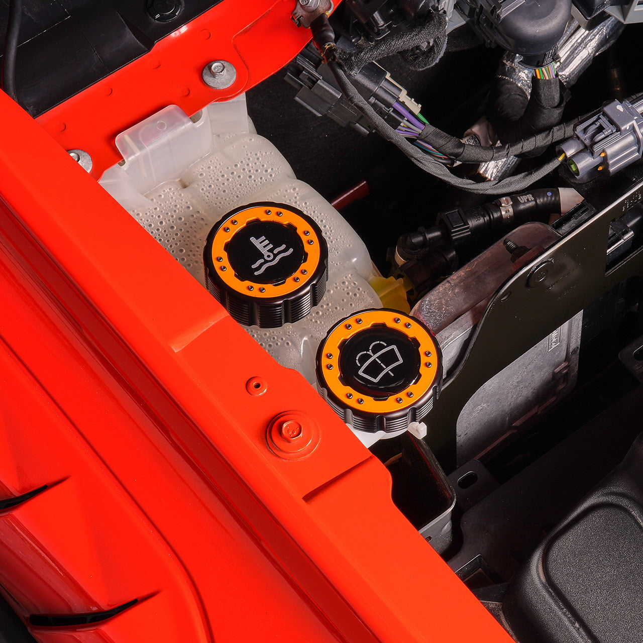 IAG Off-Road Beadlock Coolant Cap For 2021+ Ford Bronco, 15+ F-150, 19+ Ranger - Orange Installed with Emblems