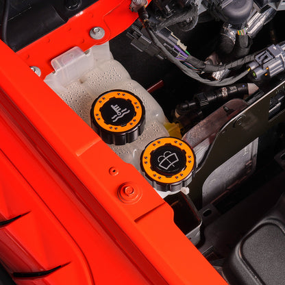 IAG Off-Road Beadlock Coolant Cap For 2021+ Ford Bronco, 15+ F-150, 19+ Ranger - Orange Installed with Emblems
