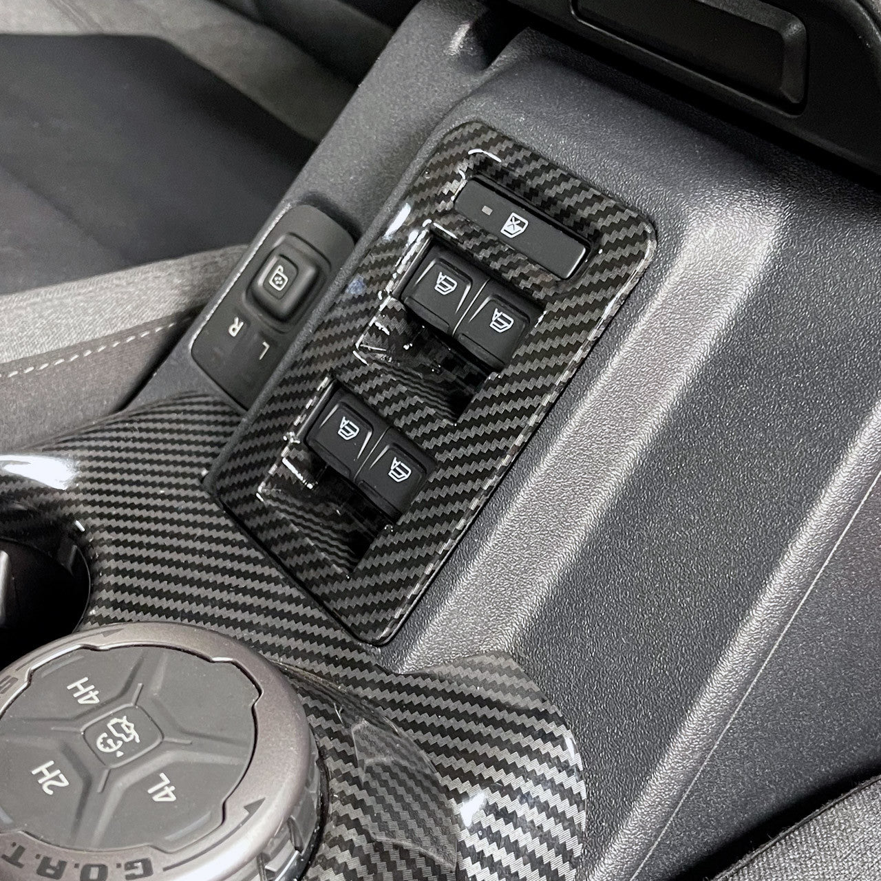 IAG I-Line 2pc Window Switch Panel Cover Kit Gloss Carbon for 2021-24 Ford Bronco - Installed Front