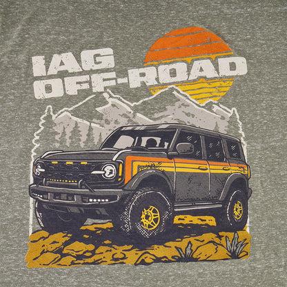 IAG Off-Road Retro Mountain Heather Green T-Shirt - Graphic Close-up