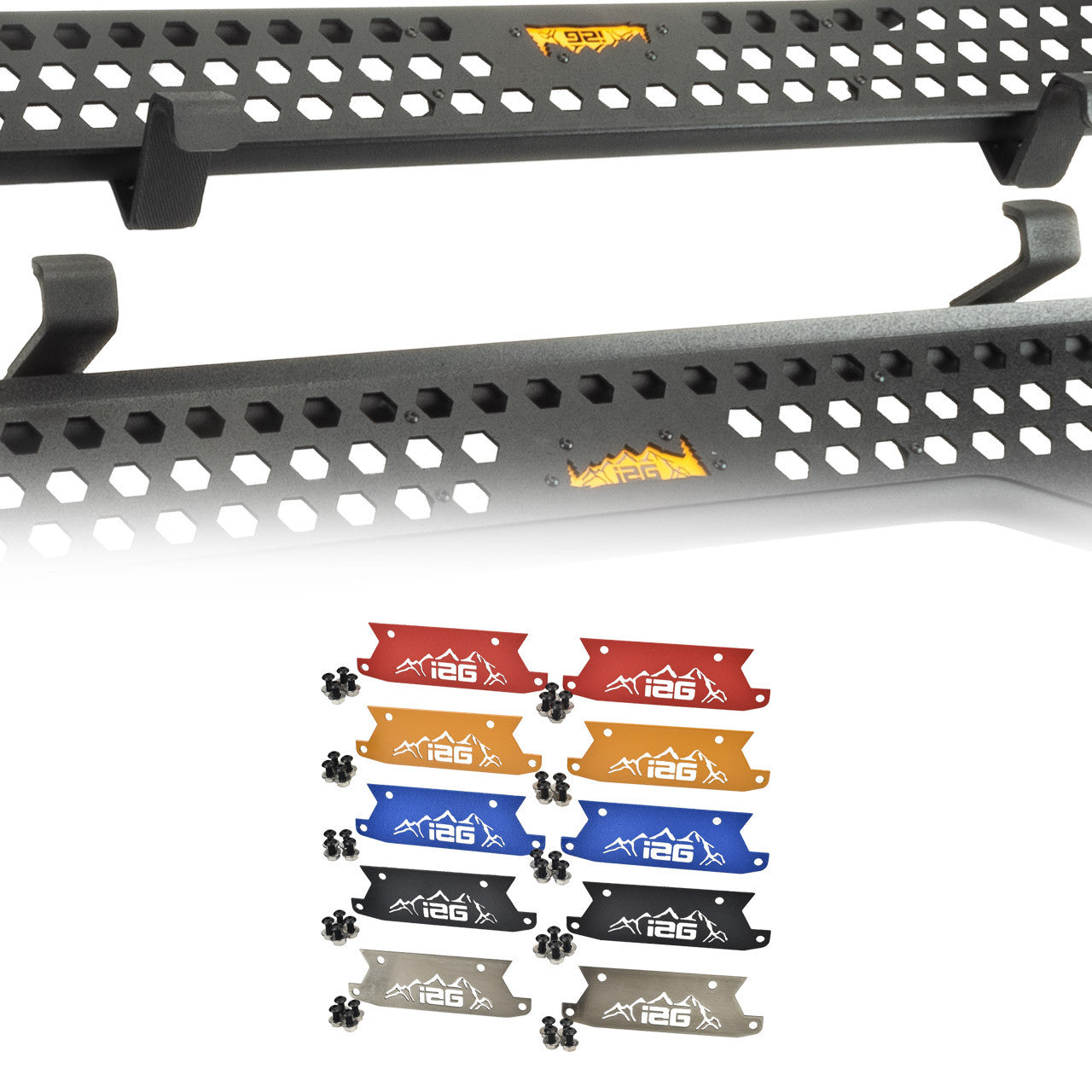 IAG Off-Road™ Color Logo Plates - Black, Blue, Orange, Red, or Stainless Finish (Sold as 1 Pair)
