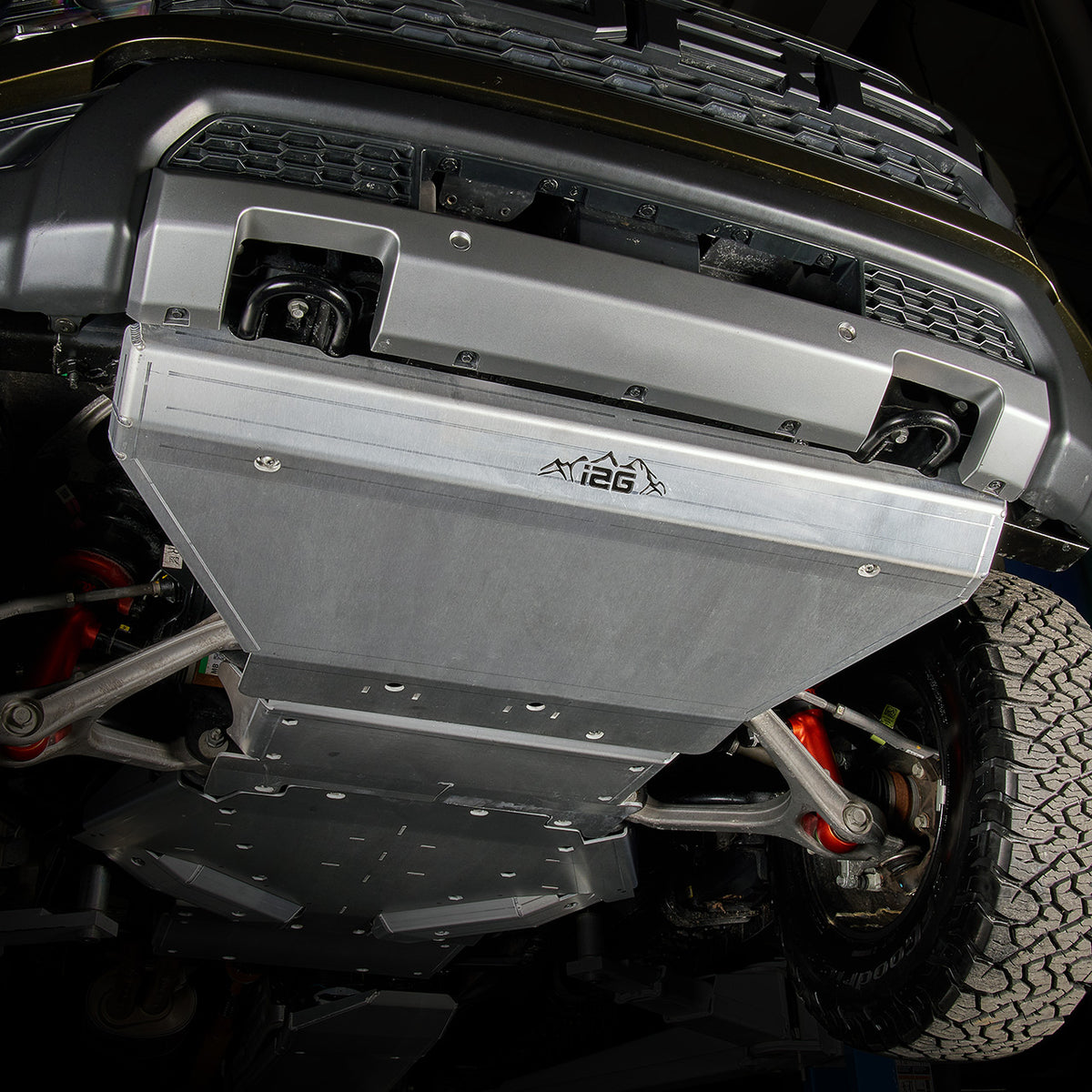IAG Trail Shield® Front Skid Plate For 2024+ Ford Ranger Raptor - Silver shown on lift 2