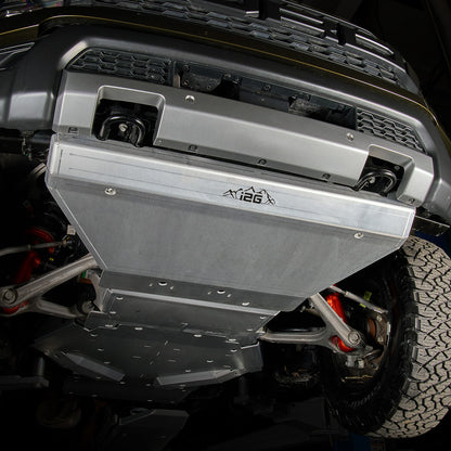 IAG Trail Shield® Front Skid Plate For 2024+ Ford Ranger Raptor - Silver shown on lift 2