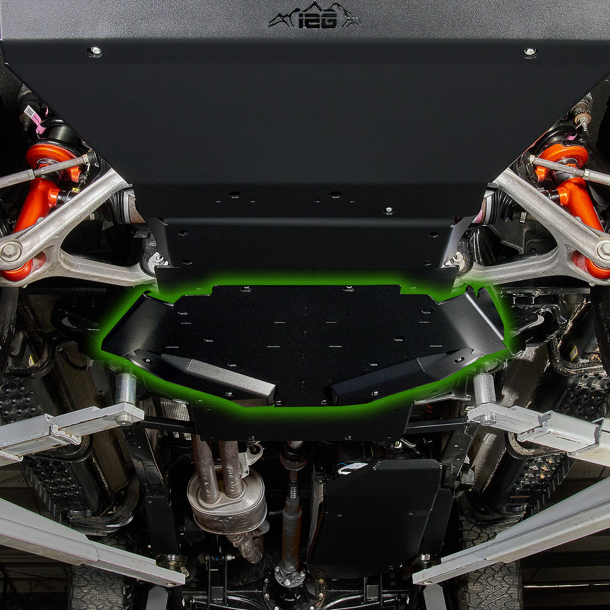 IAG Trail Shield® Transmission Skid Plate for 2024+ Ford Ranger Raptor - Black Powder Coat Finish - Highlighted Location