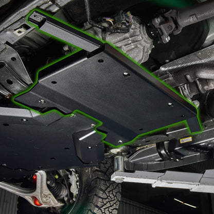 IAG Trail Shield® Transfer Case Skid Plate for 2024+ Ford Ranger Raptor Black Powder Coat Finish Highlighted Location