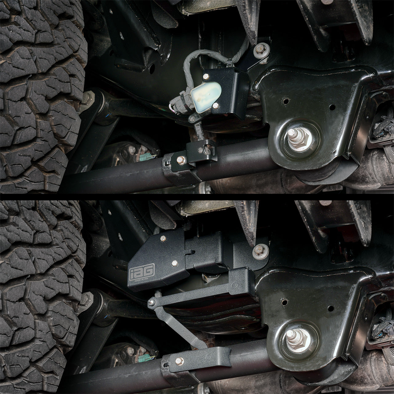 IAG Trail Shield™ Lower Trailing Arm Sensor Relocation Kit for 2024+ Ford Ranger Raptor - OE vs IAG 