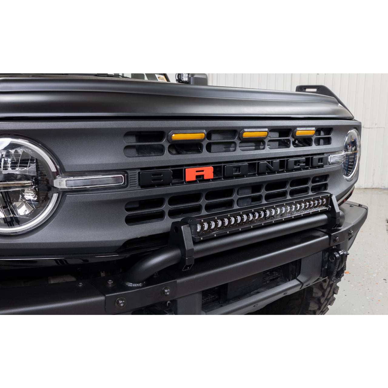 IAG I-Line Mini Bull Bar for 24" Light Bar for 21+ Ford Bronco w/Modular Bumper - Installed and Shown with LED Light