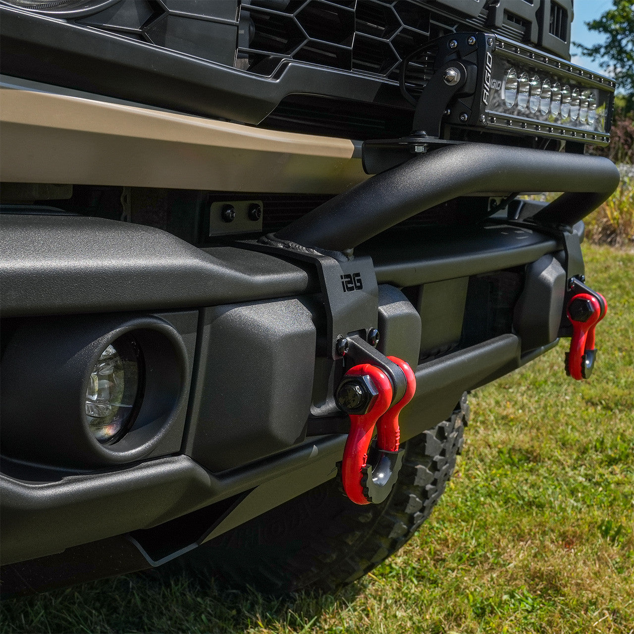 IAG I-Line Front and Rear U Shape Hook Anti Drop Red 21+ Ford Bronco - Installed Angle 1
