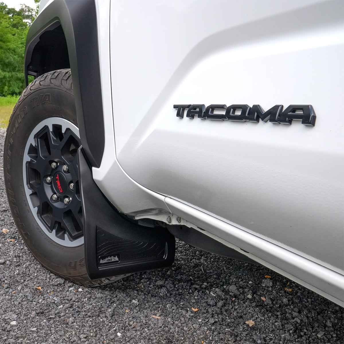 IAG Trail Shield® 2024+ Toyota Tacoma Adjustable Front Mud Flap Set  - Installed Front Stock Wheels & Tires