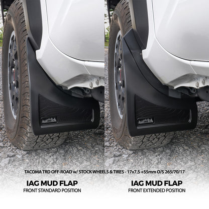 IAG Trail Shield® 2024+ Toyota Tacoma  Adjustable Front Mud Flap Set - Adjustment Comparison - Stock Wheels & Tires