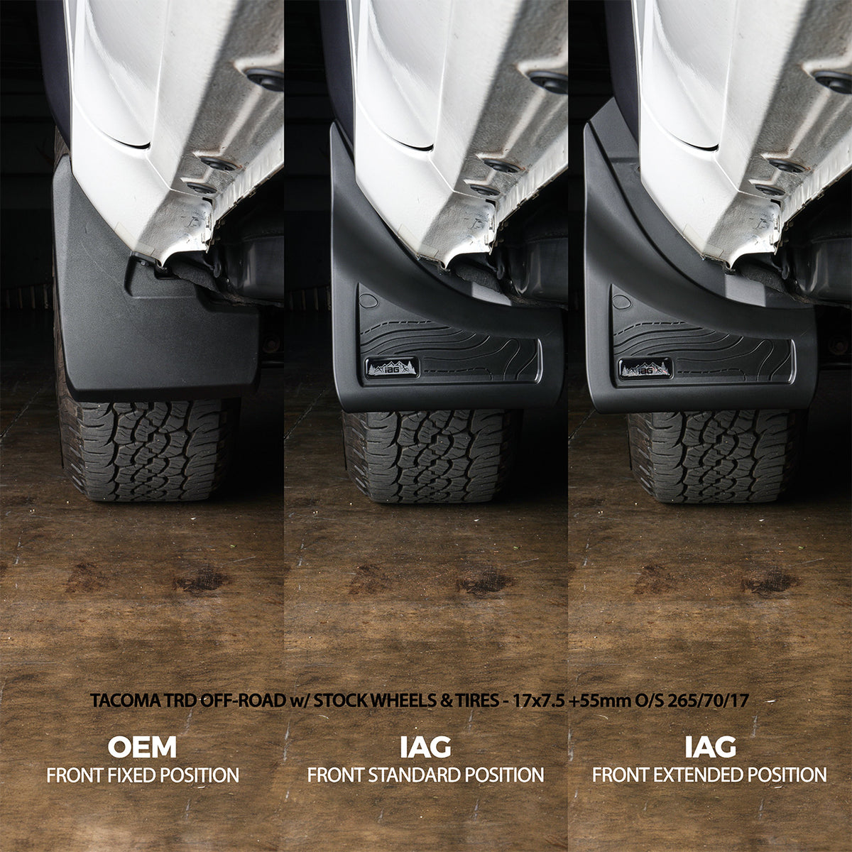 IAG Trail Shield® 2024+ Toyota Tacoma Adjustable Front Mud Flap Set - Compare Stock Flaps to IAG Adjustable  
