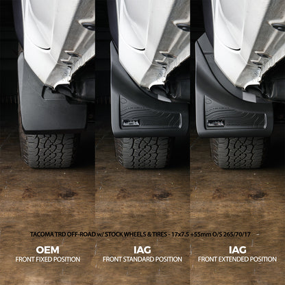 IAG Trail Shield® 2024+ Toyota Tacoma Adjustable Front Mud Flap Set - Compare Stock Flaps to IAG Adjustable  