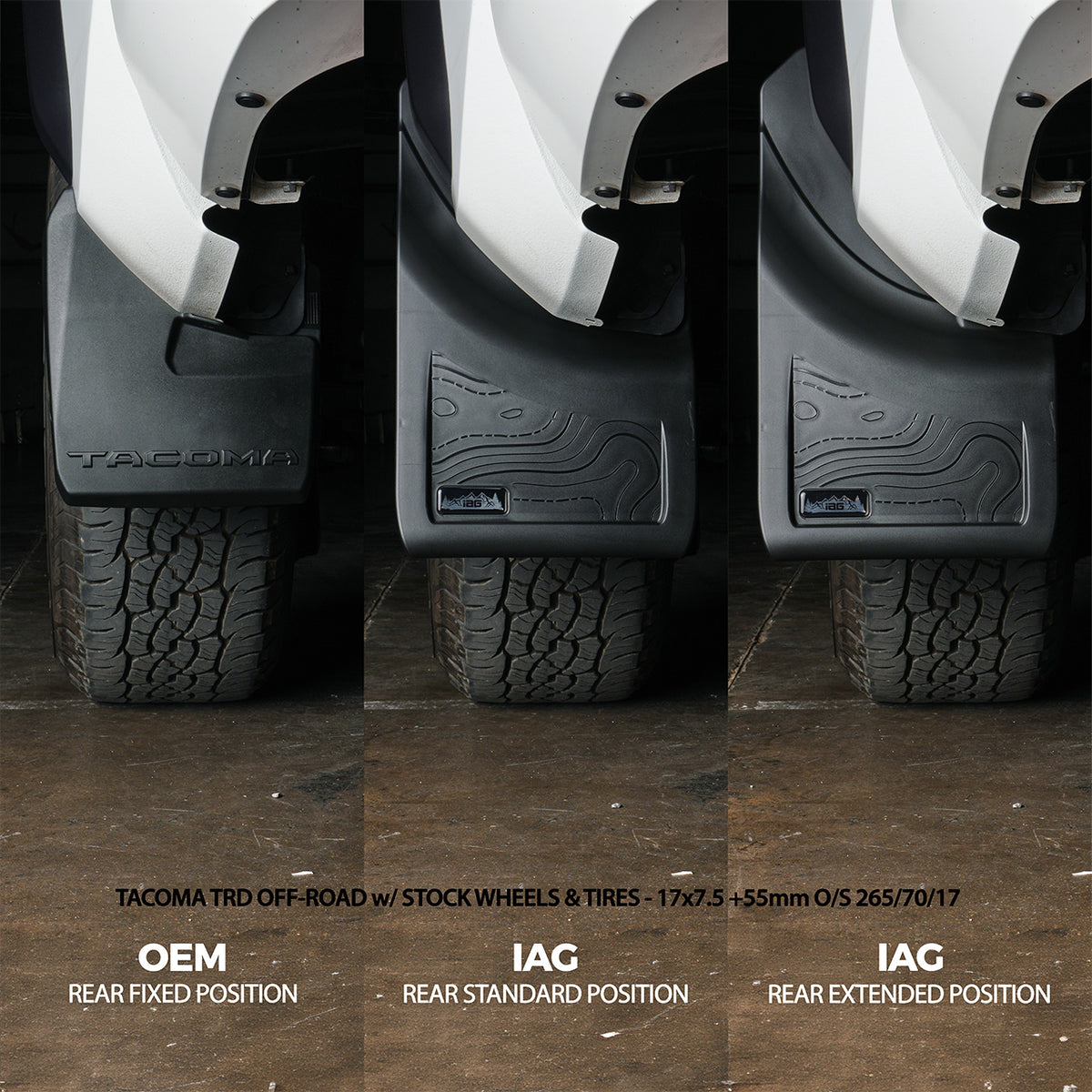 IAG Trail Shield® Adjustable Rear Mud Flap Set for 2024+ Toyota Tacoma - with Stock Wheels & Tires - Compare Stock Mud Flaps to IAG Mud Flaps 