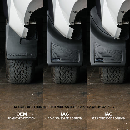 IAG Trail Shield® Adjustable Rear Mud Flap Set for 2024+ Toyota Tacoma - with Stock Wheels & Tires - Compare Stock Mud Flaps to IAG Mud Flaps 