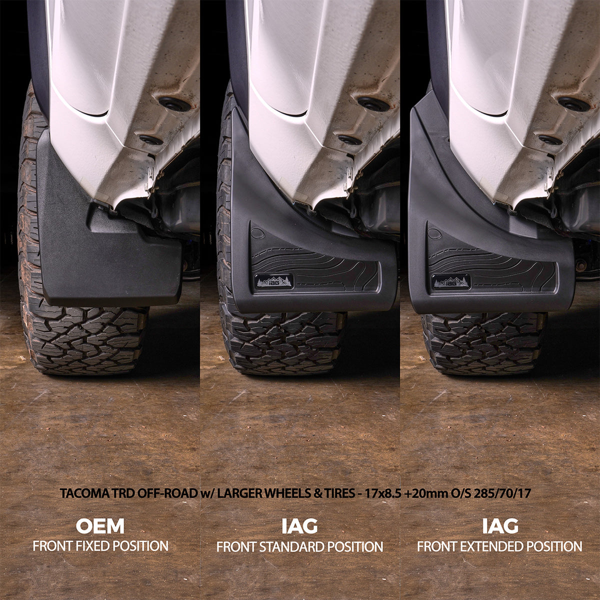 IAG Trail Shield® Adjustable Front Mud Flaps for 2024+ Toyota Tacoma - Larger Wheels & Tires - Compare Stock Mud Flaps to IAG Mud Flaps