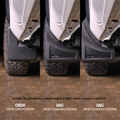 IAG Trail Shield® Adjustable Front Mud Flaps for 2024+ Toyota Tacoma - Larger Wheels & Tires - Compare Stock Mud Flaps to IAG Mud Flaps