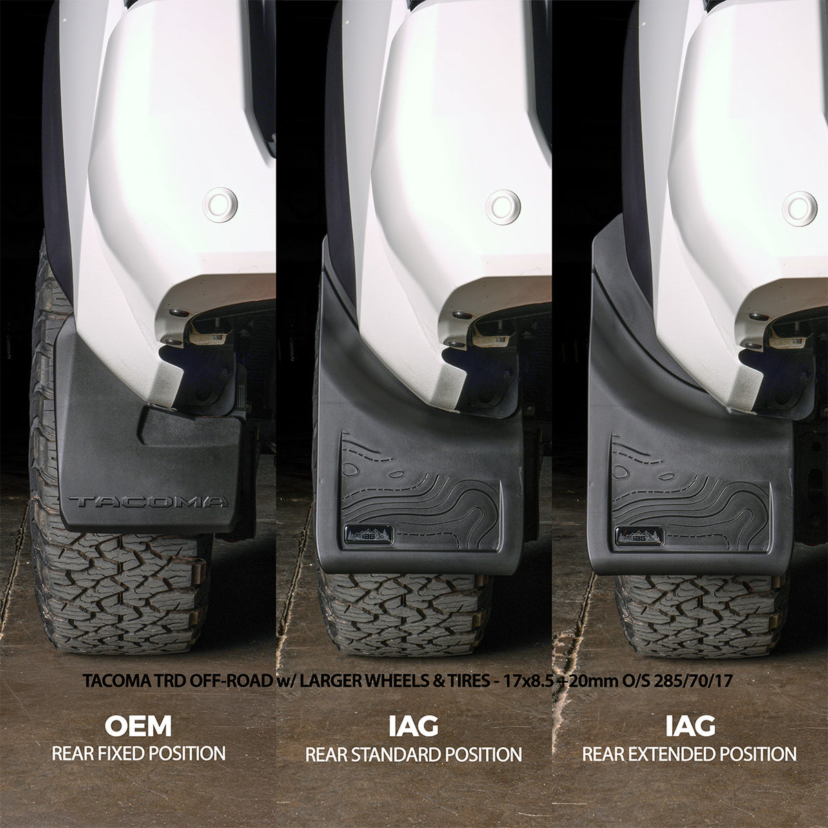 IAG Trail Shield® Adjustable Rear Mud Flaps for 2024+ Toyota Tacoma - Larger Wheels & Tires - Compare Stock Mud Flaps to IAG Mud Flaps