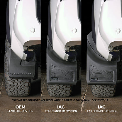 IAG Trail Shield® Adjustable Rear Mud Flaps for 2024+ Toyota Tacoma - Larger Wheels & Tires - Compare Stock Mud Flaps to IAG Mud Flaps