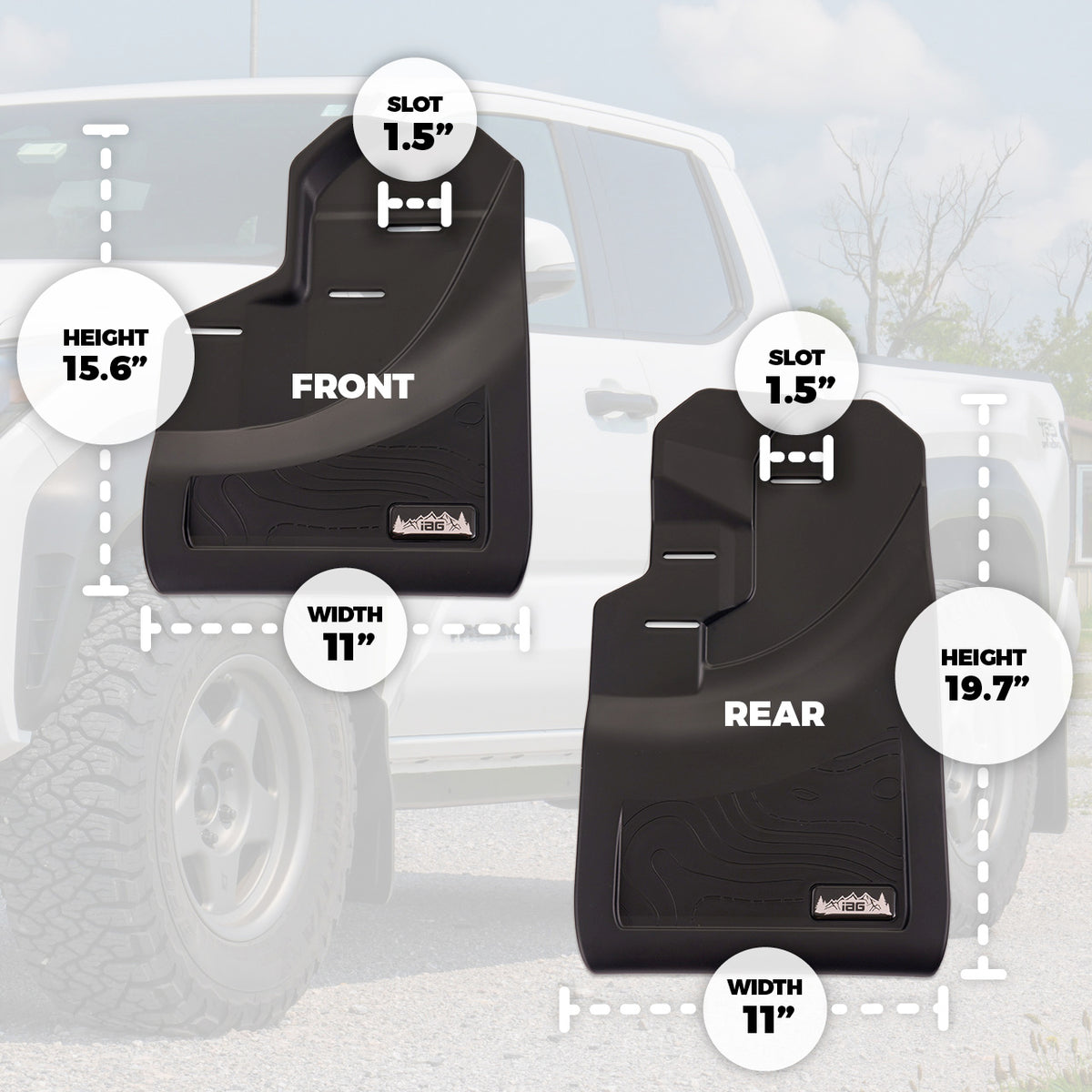 IAG Trail Shield® Adjustable Front & Rear Mud Flap Set for 2024+ Toyota Tacoma - Dimensions
