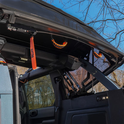 IAG Off-Road EZ-Lift® & V2 EZ-Pull Combo Kit For 2021-26 Ford Bronco 4 Door Soft Top - Installed with Optiona Orange Paracord Handles