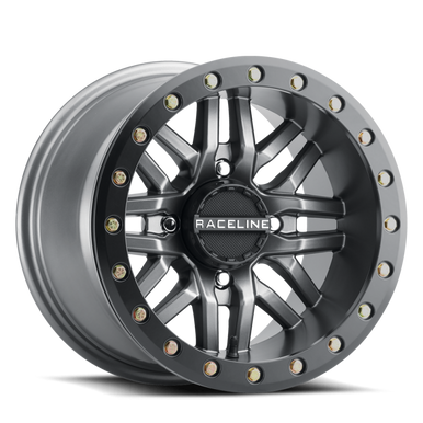 Raceline A91G Ryno 15x7in/4x156 BP/10mm Offset/132.5mm Bore - Gunmetal & Black Ring Beadlock Wheel - A91G-57056-52