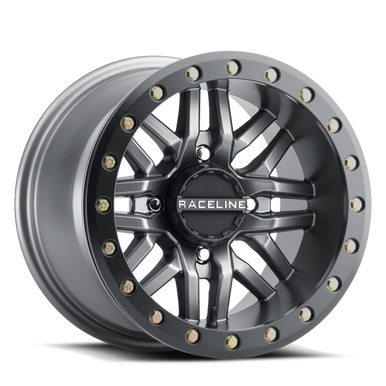 Raceline A91G Ryno 15x7in/4x137 BP/10mm Offset/110.18mm Bore - Gunmetal & Black Ring Beadlock Wheel - A91G-57037-52