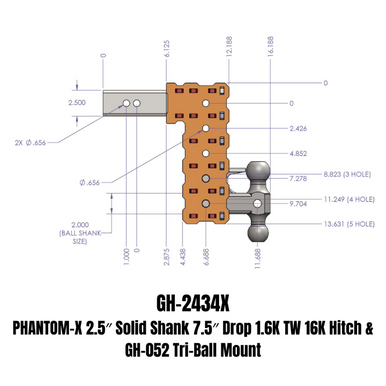Gen-Y Phantom-X 2.5in Solid Shank 7.5in Drop 1.6K TW 16K Hitch w/GH-052 (No Flat Towing) - GH-2434X